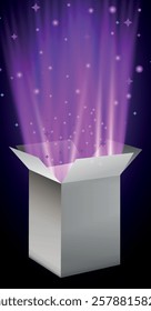 A mesmerizing vector illustration of an open magic gift box, radiating a glowing light with sparkling glitter and flashes of mystical energy. The box appears to be exploding with a burst of stars