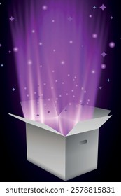 A mesmerizing vector illustration of an open magic gift box, radiating a glowing light with sparkling glitter and flashes of mystical energy. The box appears to be exploding with a burst of stars