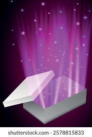 A mesmerizing vector illustration of an open magic gift box, radiating a glowing light with sparkling glitter and flashes of mystical energy. The box appears to be exploding with a burst of stars