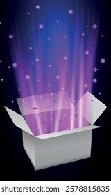 A mesmerizing vector illustration of an open magic gift box, radiating a glowing light with sparkling glitter and flashes of mystical energy. The box appears to be exploding with a burst of stars