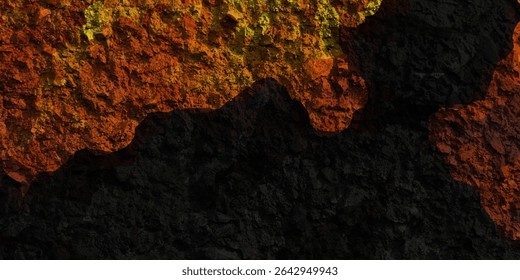 Mesmerizing view of a lava flow, red hot molten liquid streaming over black solid volcanic rocks, aerial directly above shot. Abstract, texture