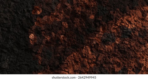 Mesmerizing view of a lava flow, red hot molten liquid streaming over black solid volcanic rocks, aerial directly above shot. Abstract, texture