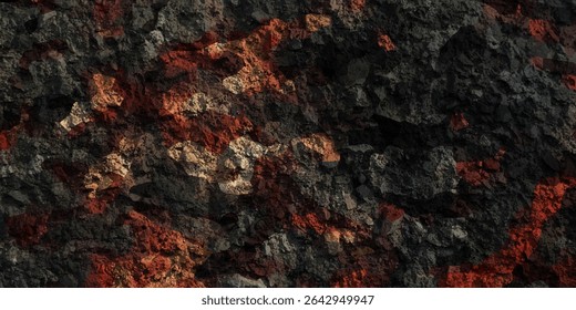 Mesmerizing view of a lava flow, red hot molten liquid streaming over black solid volcanic rocks, aerial directly above shot. Abstract, texture