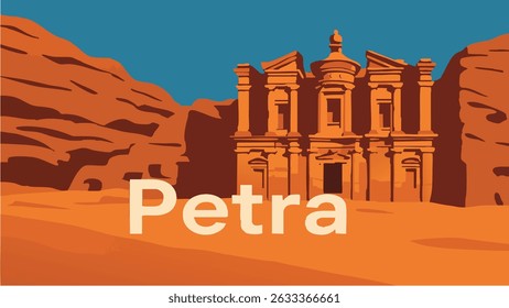A mesmerizing view of Petra, Jordan’s ancient rock-cut city, where the monumental facades carved into the red sandstone cliffs stand tall amidst the vast desert