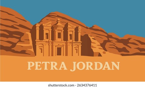 A mesmerizing view of Petra, Jordan’s ancient rock-cut city, where the monumental facades carved into the red sandstone cliffs stand tall amidst the vast desert