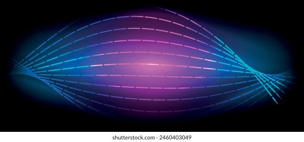 A mesmerizing visual effect lighting of a purple and blue glowing wave on a dark background, resembling a gas circle. Perfect for automotive and entertainment purposes