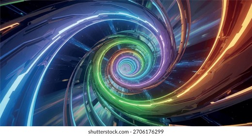Un fascinante vórtice de coloridas luces de neón crea un efecto de túnel arremolinado, atrayendo al espectador a sus profundidades.