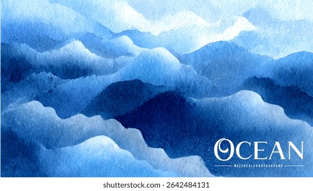 A mesmerizing watercolor depiction of layered mountain ranges in shades of blue.