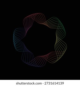 Una fascinante ola de líneas de colores del arco iris forma graciosamente una forma circular fluida, contrastando brillantemente contra un lienzo negro profundo.