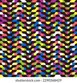 Mesmerizing waves, seamless vector pattern with abstract geometric shapes in bright colors. funky print for sport fashion and activewear