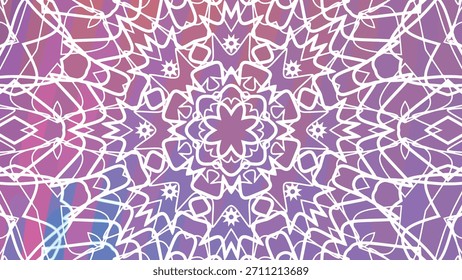 Hipnotizante línea blanca arte mandala animación con vibrantes imágenes de fondo púrpura y azul, abstractos giros caleidoscopio A, Regalías de stock.
