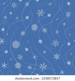 A mesmerizing winter snowflakes seamless pattern on a soft blue background. Perfect for New Year designs.