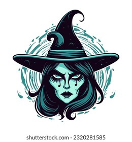 A mesmerizing witch head illustration in intricate vector clip art, capturing the essence of magic and mystery