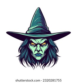 A mesmerizing witch head illustration in intricate vector clip art, capturing the essence of magic and mystery