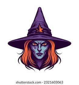A mesmerizing witch head illustration in intricate vector clip art, capturing the essence of magic and mystery