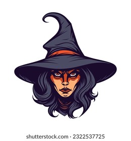A mesmerizing witch head illustration in intricate vector clip art, capturing the essence of magic and mystery