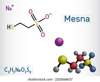 Mesna molecule. It is used to reduce the negative effects of some anticancer drugs on the bladder. Structural chemical formula, molecule model. Vector illustration
