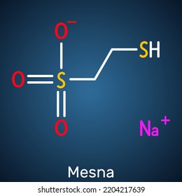 Mesna molecule. It is used to reduce the negative effects of some anticancer drugs on the bladder. Structural chemical formula on the dark blue background. Vector illustration