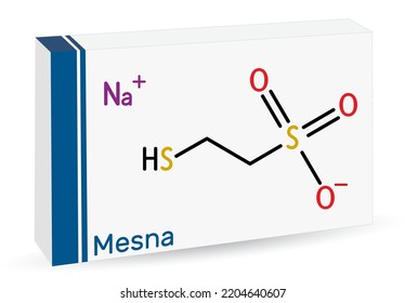 Mesna molecule. It is used to reduce the negative effects of some anticancer drugs on the bladder. Skeletal chemical formula. Paper packaging for drugs. Vector illustration
