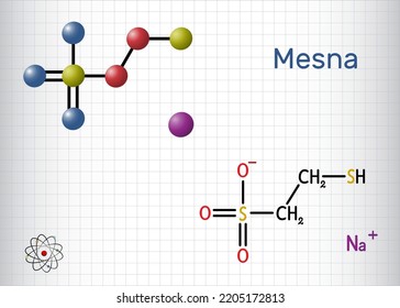 Mesna molecule. It is used to reduce the negative effects of some anticancer drugs on the bladder. Structural chemical formula, molecule model. Sheet of paper in a cage. Vector illustration