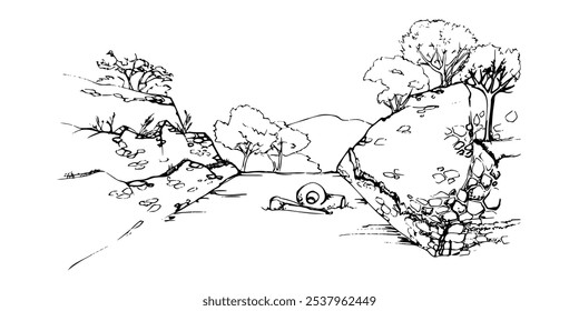 Mesoamerica ancient religious temple pyramid ruins in jungle, playing field with sculptures archaeology. Hand drawn ink vector illustration, isolated scenic landscape. Design travel, vacation brochure