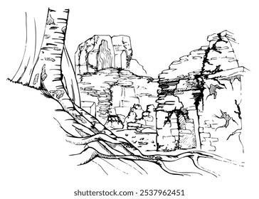 Mesoamerica Asia ancient culture religious temple pyramid ruins in jungle, tree roots moss hill slope. Hand drawn ink vector illustration, isolated scenic landscape. Design travel, vacation brochure