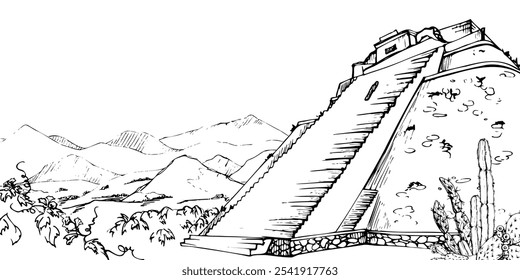 Mesoamerica Aztec ancient monument, pyramid ruins on plain field, mountains hills backdrop, jungle trees, isolated scenic landscape. Hand drawn ink vector illustration. Design travel, vacation tours