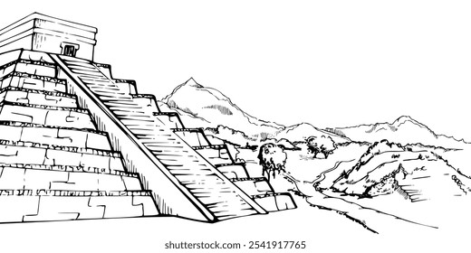 Mesoamerica Aztec ancient monument, pyramid ruins on plain field, jungle trees, mountains hills backdrop, isolated scenic landscape. Hand drawn ink vector illustration. Design travel, vacation tours