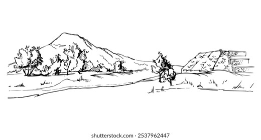 Mesoamerica Aztec ancient pyramid ruins on plain grassy field with trees, mountains hills backdrop, isolated scenic landscape. Hand drawn ink vector illustration. Design travel, vacation, brochure