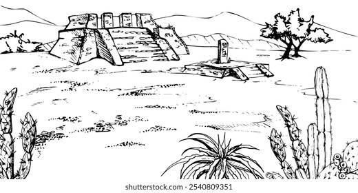 Mesoamerica Aztec alte Pyramidenruinen, Kakteen Bäume auf einfachem Grasfeld, Berge Hügel Kulisse. Handgezeichnete Tusche, Vektorgrafik, einzelne Landschaft. Design Reisen, Urlaub, Broschüre