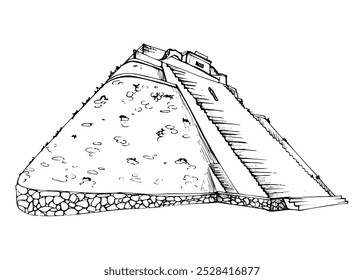 Mesoamerica Aztec Egyptian ancient monument, pyramid ruins heritage site, archaeology sightseeing. Isolated single object. Hand drawn ink vector illustration. Design travel brochure, vacation tours