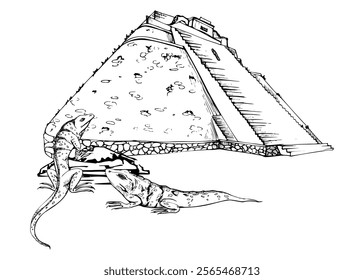 Mesoamerica Aztec Egyptian ancient monument, stone pyramid ruins heritage site, wild iguana lizards. Isolated single object. Hand drawn ink vector illustration. Design travel brochure, vacation tours