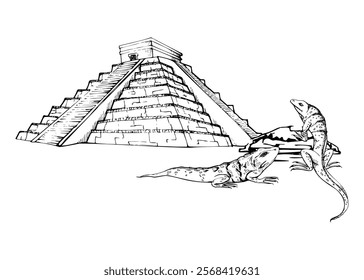 Mesoamerica Aztec Egyptian ancient monument, stone pyramid ruins heritage site, wild iguana lizards. Hand drawn ink vector illustration. Isolated single object. Design travel brochure, vacation tours