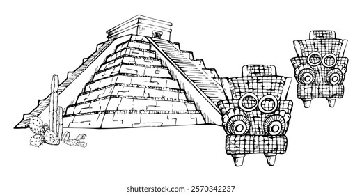 Mesoamerica Aztec Egyptian ancient monument, pyramid ruins heritage site, cacti, religious carved deity. Hand drawn ink vector illustration. Isolated single object for travel brochure, vacation tours