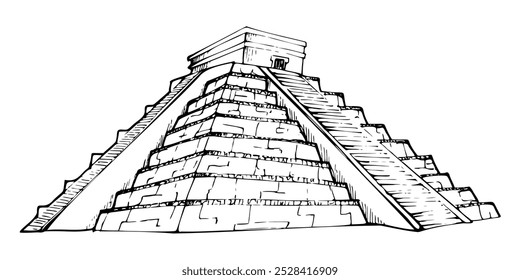 Mesoamerica Aztec Inca Egyptian ancient monument, pyramid ruins heritage site, archaeology sightseeing. Isolated single object. Hand drawn ink vector illustration for travel brochure, vacation tours