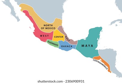 Mesoamerica and its cultural areas map. Historical region from southern part of North America to most of Central America. North of Mexico, West, Center, Gulf, Guerrero, Oaxaca, Maya and Centroamerica.