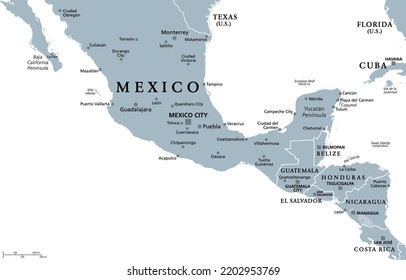 Mesoamérica, mapa político gris. Región histórica y área cultural en el sur de América del Norte y Centroamérica, desde México a Costa Rica. Dentro de esta región florecieron las sociedades precolombinas.