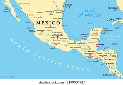 Mesoamerica, political map. Historical region and cultural area in southern North America and most of Central America, from Mexico to Costa Rica. Within this region pre Columbian societies flourished.