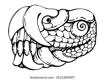 Símbolo mesoamericano, cabeça de lagarto dragão, escultura esculpida asteca, estátua de deus religioso antigo. Ilustração de vetor de tinta desenhada à mão. Um único elemento isolado no branco. Design - Viagem, férias, folheto