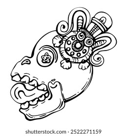 Mesoamerica symbol, human skull ornate head, Aztec inca carved sculpture, ancient religious pictograph. Hand drawn ink vector illustration. Single isolated element. Design travel, vacation, brochure