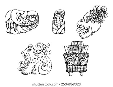 Mesoamerica symbol, lizard head, corn, jaguar Aztec carved sculpture, ancient religious god statue. Hand drawn ink vector illustration. Element set isolated on white. Design travel, vacation, brochure