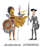 mesoamerican aztec warrior and european old man