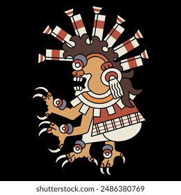 Mesoamerican monster from Aztec or Mixtec codex. Ethnic Native American design. On black background.