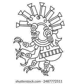 Mesoamerican monster from Aztec or Mixtec codex. Ethnic Native American design. Black and white linear silhouette.