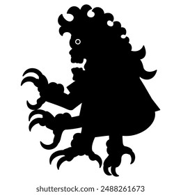 Mesoamerican monster with sharp talons from Aztec or Mixtec codex. Ethnic Native American design. Black silhouette on white background.