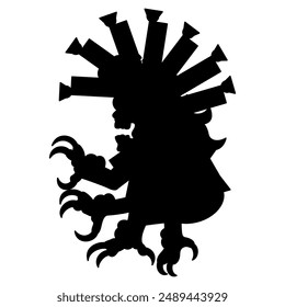 Mesoamerican monster with sharp talons from Aztec or Mixtec codex. Ethnic Native American design. Black silhouette on white background.