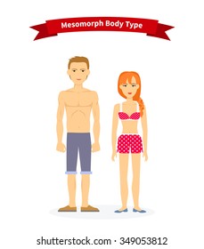 Mesomorph body type woman and man. People health, athletic male, fitness physique, muscular figure, healthcare person human, guy man bodybuilding illustration