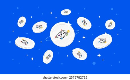 Meson Network (MSN) coins falling from the sky. MSN cryptocurrency concept banner background.