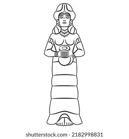 Mesopotamian goddess. Ancient Iranian sculpture of a woman holding water jar. Inanna or Ishtar. Black and white linear silhouette.