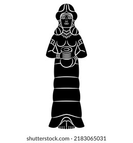 Mesopotamian goddess. Ancient Iranian sculpture of a woman holding water jar. Inanna or Ishtar. Black and white negative silhouette.